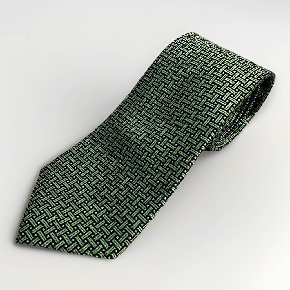 Tasso‎ Elba Kelly Green And Black Woven Basketweave Long Wide Silk Tie